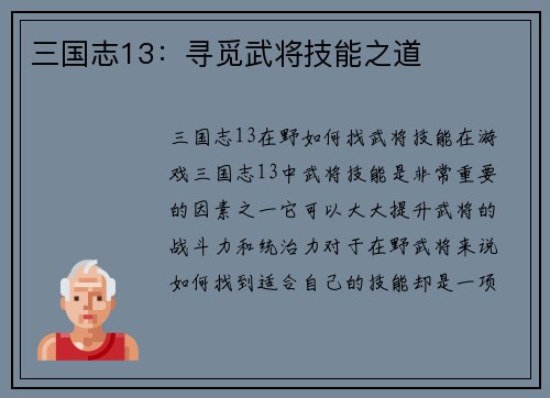 三国志13：寻觅武将技能之道